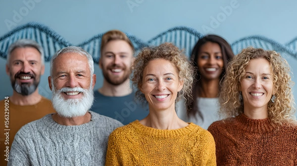 Fototapeta Multicultural group of diverse men and women smiling together with vibrant DNA double helix strands in the background, symbolizing genetic testing, human diversity, and scientific innovatio 87982450 3