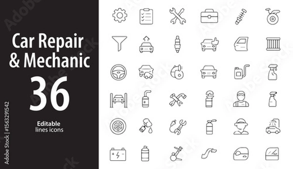 Fototapeta Car Repair and Mechanic Line Icons, Wrench, Gear, Tire, Engine, Oil Change, Editable Formats: AI, EPS, JPG, PNG, Ideal for Both Digital and Print Use
