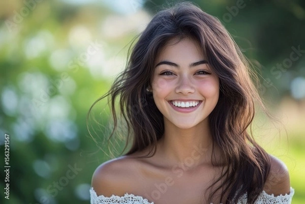 Fototapeta Beautiful young lady in a happiness moment, smiling and laughing isolated on the background, Generative AI