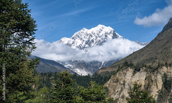 Fototapeta Panoramic view of beautiful Mansiri Himal range in Himalayas (Manaslu Circuit Trek) Nepal