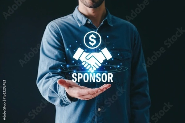 Fototapeta Businessman presenting digital sponsor icon with handshake and dollar symbol, financial partnership and business support concept.
