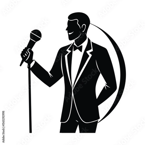 Fototapeta Elegant silhouette of a singer in a tuxedo performing with a microphone on a stage