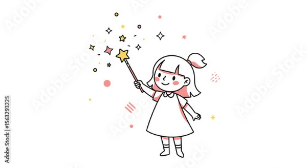 Fototapeta A young girl holding a magic wand conjuring sparkling stars and twinkling lights for a whimsical celebration