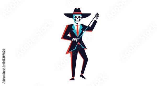Fototapeta Dancing skeleton in a suit and hat with a retro glitch effect