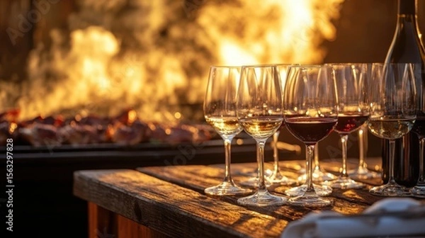 Fototapeta A sizzling BBQ backdrop sets the scene for wine tasting under the setting sun with wooden table
