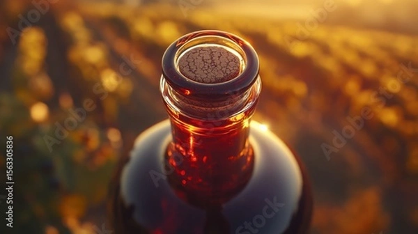 Fototapeta The promise of a fine vintage A bottle awaits uncorking basking in the vineyard s golden twilight