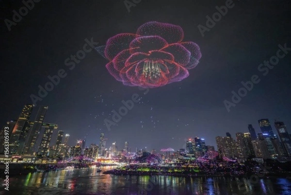 Obraz Colorful drone show of rose shape over night skyline with illuminated cityscape and river