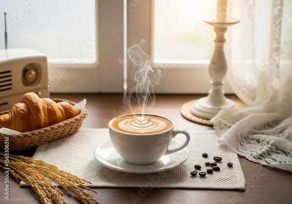 Obraz Cup of latte art with croissant