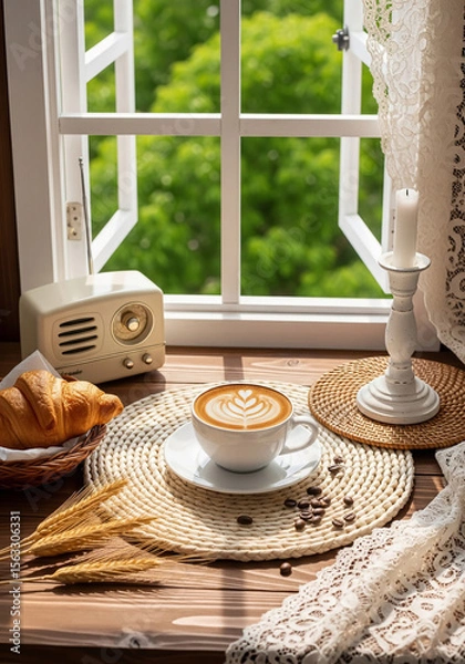 Obraz Cup of latte art with croissant