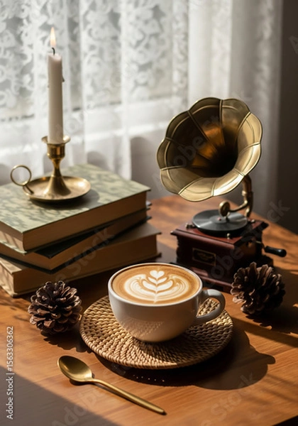 Obraz Latte art coffee cup, record player and book, Vintage 