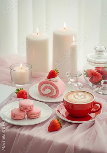Obraz Cup of latte art with cake strawberry