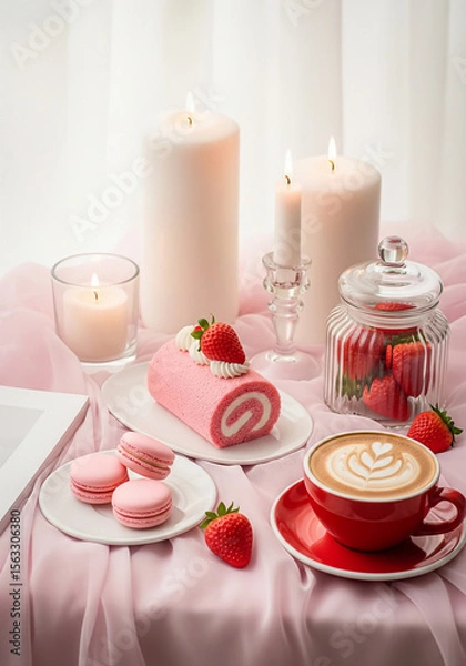 Obraz Cup of latte art with cake strawberry