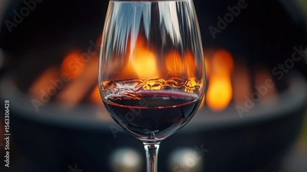 Fototapeta An elegant glass of red wine reflecting firelight creating a warm celebratory atmosphere with bokeh