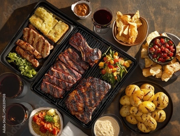 Fototapeta A delicious feast with grilled meats and delightful sides perfect for a cozy gathering top down view