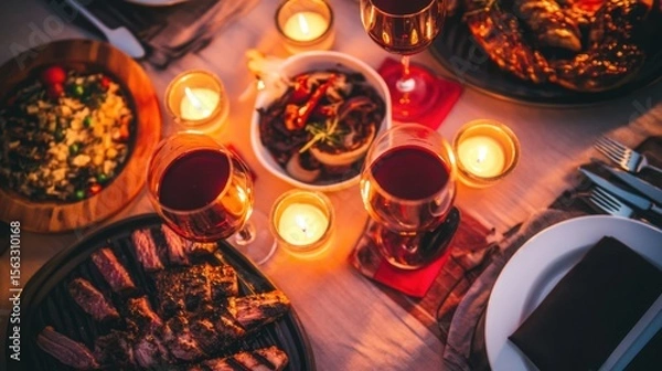 Fototapeta Romantic candlelight dinner featuring red wine and grilled steak with a soft golden glow and warm