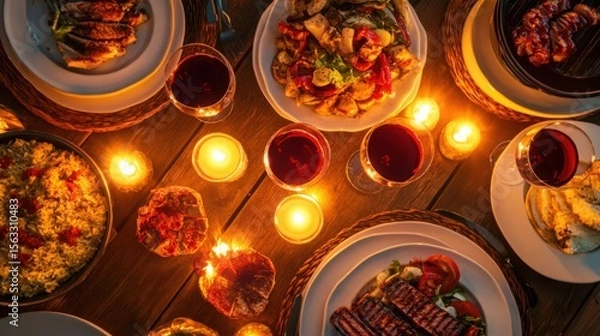 Fototapeta A warmly lit dinner table set for a celebratory meal with wine and candles creating a cozy