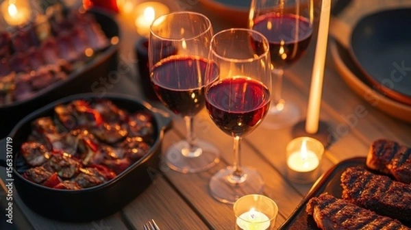 Fototapeta Romantic candlelit dinner with steaks and red wine creating an intimate celebration with warm