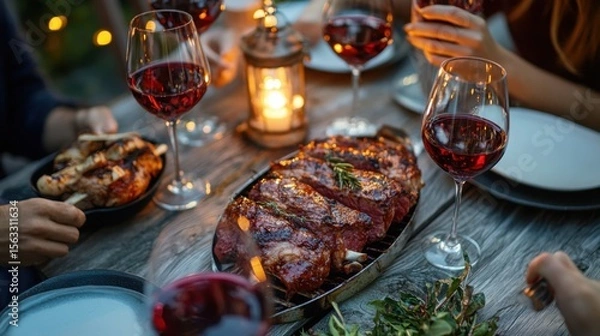 Fototapeta A celebratory feast of grilled steak and red wine under soft candle light for warm intimate
