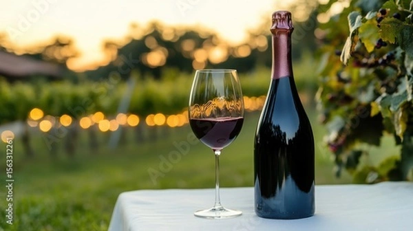 Fototapeta Tasting the vineyard s bounty A glass of red wine enjoys sunset with bokeh lights in the winery s