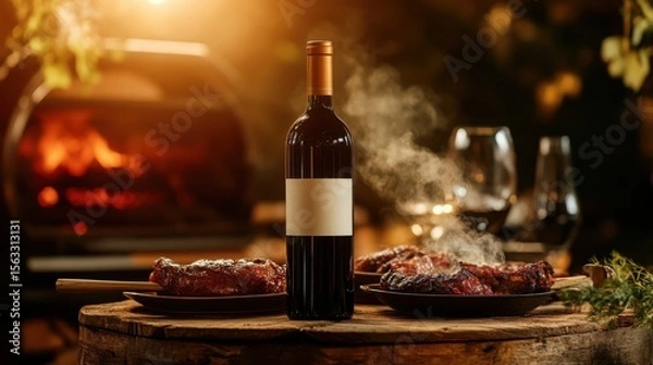 Fototapeta Wine bottle near ribs steaming a wood fired oven glowing with golden light on rustic wood tablescape