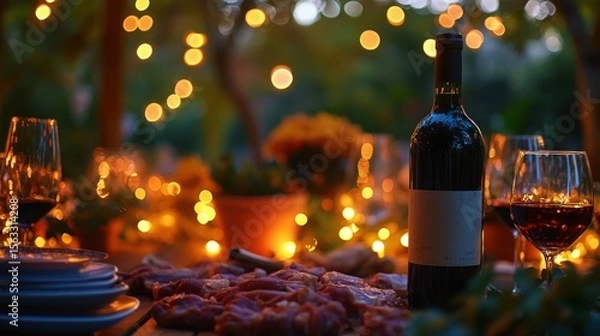 Fototapeta A romantic outdoor dinner illuminated by string lights featuring wine meat and a warm evening glow