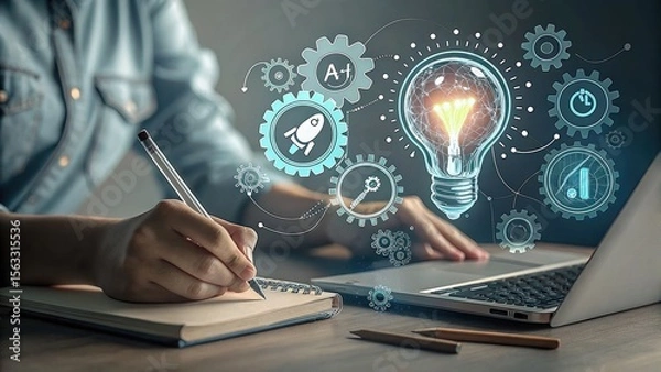 Fototapeta A person sits at a desk, working on a laptop with a glowing lightbulb and related symbols illustrating ideas and innovation