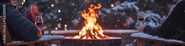 Fototapeta Cozy winter evening by the fire with loved ones sharing wine under a gentle snowfall and blurred