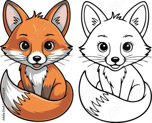 Fototapeta A cartoon illustration showing a colored fox and a black and white line art version of the same fox