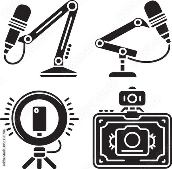 Fototapeta A set of black and white illustrations showing microphones ring light and camera equipment for streaming use