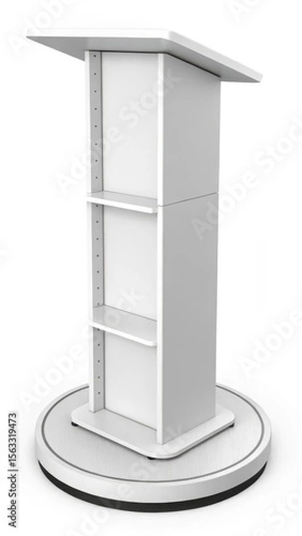 Fototapeta Modern White Rotating Presentation Lectern with Integrated Shelves; Clean, Minimalist Design; Ideal for Conferences, Presentations, and Corporate Events.
