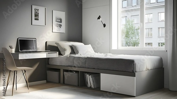 Obraz Compact modern bedroom with creative storage under the bed, a small workstation by the window, and clean grey-and-white contrast in decor