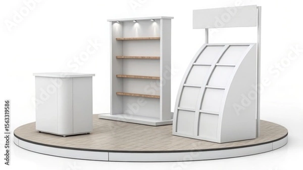 Fototapeta Modern Minimalist White Retail Display Booth:  Shelving, Brochure Stand, and Counter on Circular Platform; Clean, Bright, and Professional Design for Product Showcase.