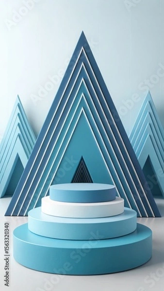 Fototapeta Serene Blue Abstract Product Display: Three-Tiered Cylindrical Platform with Geometric Triangular Backdrop; Minimalist, Modern, and Calming Aesthetic for Branding and Product Showcase.