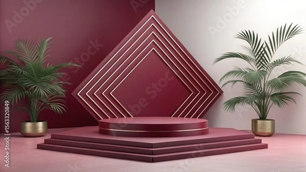 Fototapeta Elegant Maroon and Gold Product Display Platform with Tropical Plants:  Modern Minimalist Studio Backdrop, Luxurious Branding Mockup,  Sophisticated Commercial Photography.
