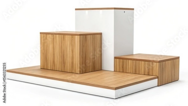 Fototapeta Modern Minimalist Wooden Display Stand with White Accents: Product Presentation Platform, Clean and Elegant Design, Ideal for Retail or Showroom Displays.