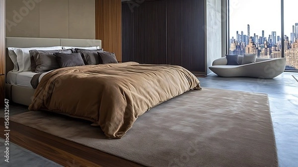 Obraz Cozy brown bedroom with neutral bed linens, soft carpet underfoot, concrete and wood floor detail, cityscape view from wide window, elegant wardrobe and sculptural grey sofa