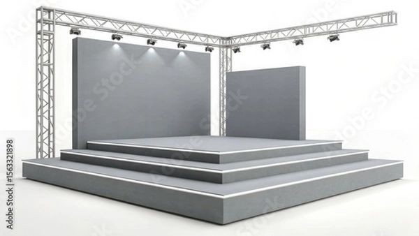 Fototapeta Modern Minimalist Exhibition Stage: Three-Tiered Platform with Integrated Lighting, Blank Backdrop, and Sleek Metal Truss Structure, Ideal for Product Displays or Presentations.