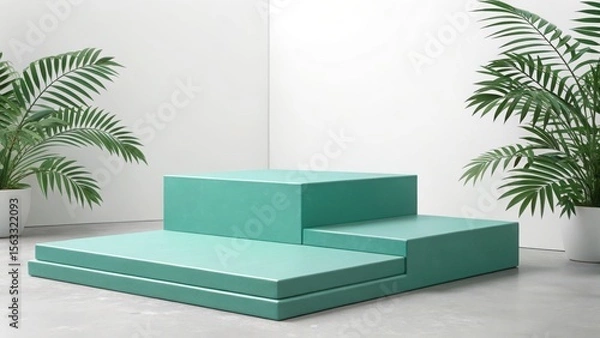 Fototapeta Modern minimalist product display:  serene teal platform steps with lush tropical plants, clean white backdrop, showcasing elegant product placement for sophisticated branding.