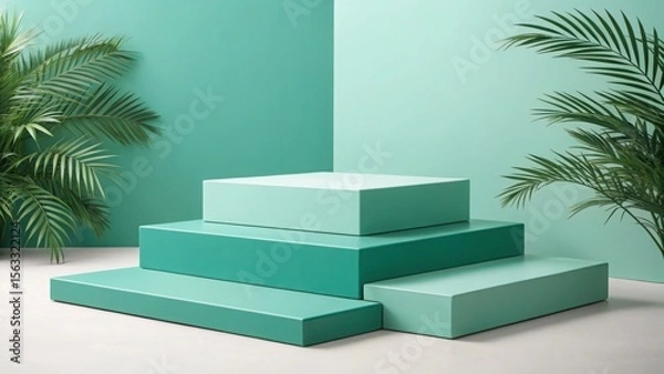 Fototapeta Serene teal and mint green tiered display platform with lush tropical palm leaves, minimalist product presentation backdrop, clean and modern aesthetic, ideal for beauty or lifestyle branding.