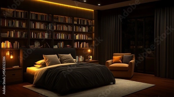 Obraz Cozy modern bedroom with dark tones, a reading corner with armchair and bookshelf, and warm overhead lighting