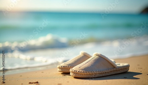 Fototapeta Beach slippers on sandy shore with serene mood and blurred ocean background