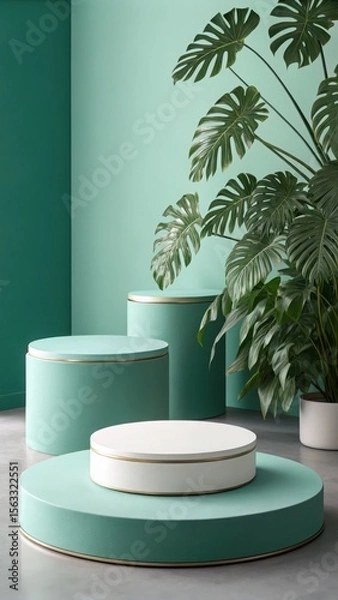 Fototapeta Serene Minimalist Product Display:  Three-tiered Pastel Green and White Cylindrical Platforms with Lush Monstera Plant Backdrop, Modern Studio Setting, Clean and Elegant Aesthetic.