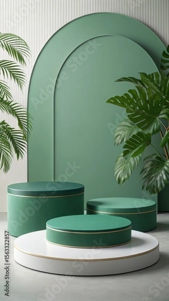 Fototapeta Serene Green Product Display:  Elegant Cylindrical Platforms, Lush Tropical Foliage, Minimalist Arch Background, Modern Studio Setting,  Sophisticated Branding Mockup, High-Resolution Image.