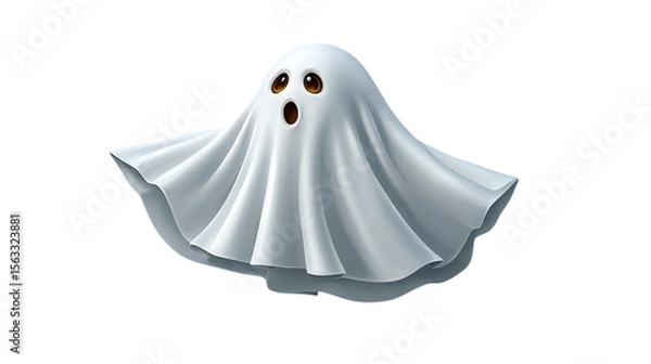 Fototapeta Cute cartoon ghost with wide eyes and open mouth floating and waving its sheet isolated on transparent background