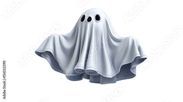 Fototapeta Friendly cartoon ghost with three black eyes peeking out from under a white sheet isolated on transparent background