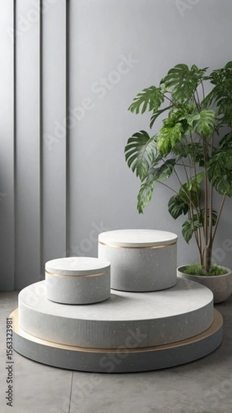 Fototapeta Minimalist grey concrete display podiums with gold accents, featuring a lush green Monstera deliciosa plant, creating a serene and sophisticated product presentation scene.