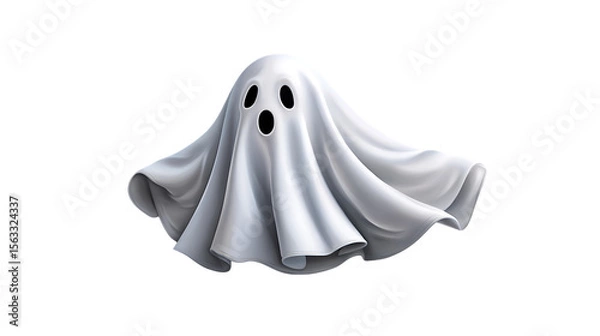 Fototapeta A playful white ghost with three black eye holes peeking out from under a flowing sheet isolated on transparent background