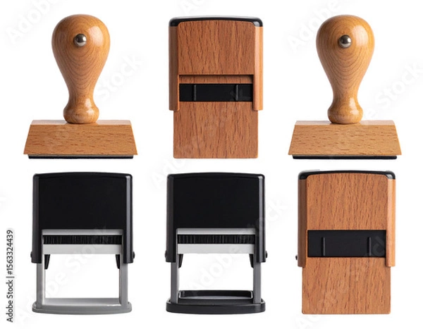 Obraz Wooden rubber stamps mockup set - different angles on transparent background for branding and office supplies