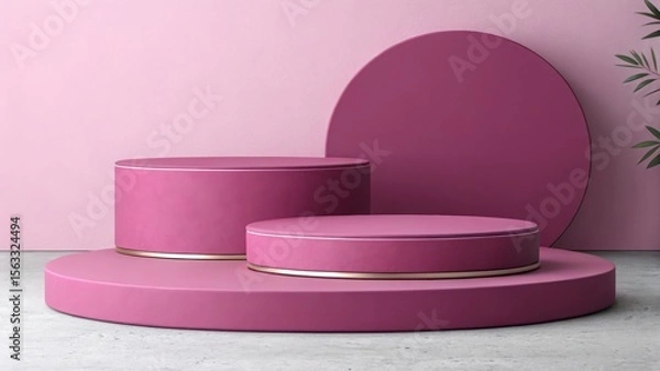 Fototapeta Modern Minimalist Pink Product Display: Two Cylindrical Platforms with Gold Accents, Elegant Studio Backdrop, Concrete Floor, and Subtle Plant Detail.