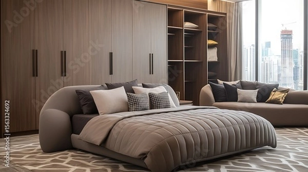 Obraz Cozy modern brown bedroom with sculpted grey sofa, full front view of bed with pillows, geometric carpet, natural-tone floor finish, large wardrobe, and full-frame city window